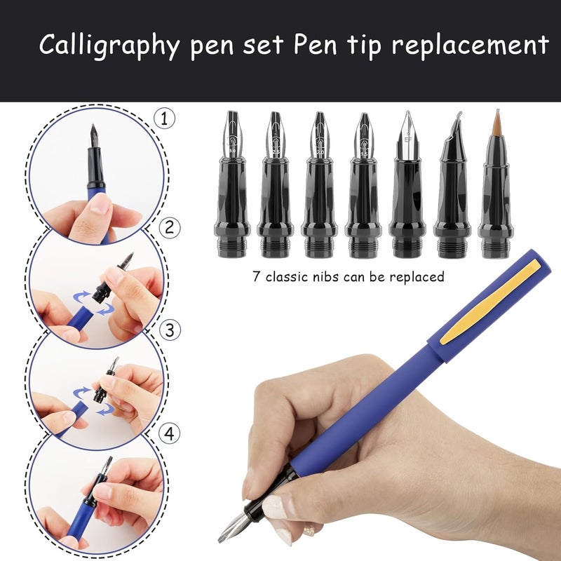 Aifeiter Calligraphy Pen set,Calligraphy Fountain Pens with 7 Different Replaceable Nibs with 60 Ink Cartridges(12 Colors),3 multi-functional color Fountain pens - Image 4